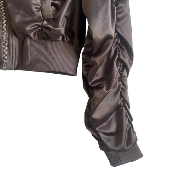 ASOS Design Super Crop Satin Bomber Jacket Ruched Charcoal Brown - Picture 4 of 10